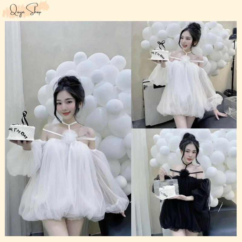  Đầm Dự Tiệc Slay Trễ Vai Lưới Thiết Kế Dáng Bồng Xoè Phối Dây Vai Đính Hoa Sang Trọng + Quần Trong QUYN.083 váy  tiệc đỏ missavenue m đỏ và hồng trắng Váy Xinh Sinh Nhật 