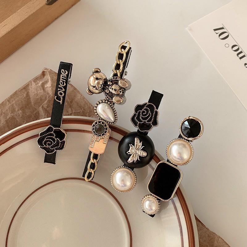 Set Kẹp Tóc Hoa Đen Đính Đá 5 Chi Tiết Phong Cách Tiểu Thư Cho Nữ Women