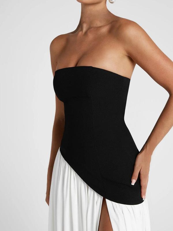 Women's Colorblock Split Thigh Tube Dress, Elegant Strapless A Line Dress for Party Holiday Wedding Guest, Ladies Summer Clothes, Womenswear 2