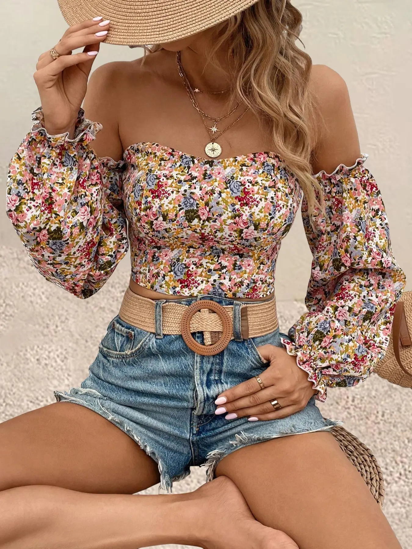 Women's Ditsy Floral Print Frill Shirred Off Shoulder Crop Blouse, Boho Flounce Sleeve Crop Top For Spring & Fall, Women's Clothes For Daily Vacation Outdoor