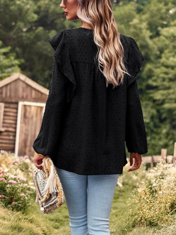 Women's Plain Contrast Lace Swiss Dot Ruffle Trim Blouse, Boho Bishop Sleeve Keyhole Back Top for Fall & Winter, Women's Clothing for Daily Wear 8
