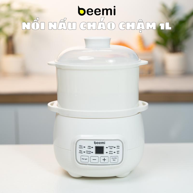 Nồi nấu cháo chậm Beemi 8 chức năng nấu cháo, hầm canh, chưng thuốc, hấp cơm, chưng yến, hầm soup, nấu chè giữ ấm, thố sứ tráng men dung tích 1L, bản tiếng việt, vỏ ngoài nhựa PP an toàn Nồi Điện