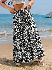 YOZY Women's Ditsy Floral Print Tie Front Elastic Waist A Line Skirt, Boho Fashion Long Skirt for Holiday Vacation Daily Wear, Ladies Spring & Fall Bottoms