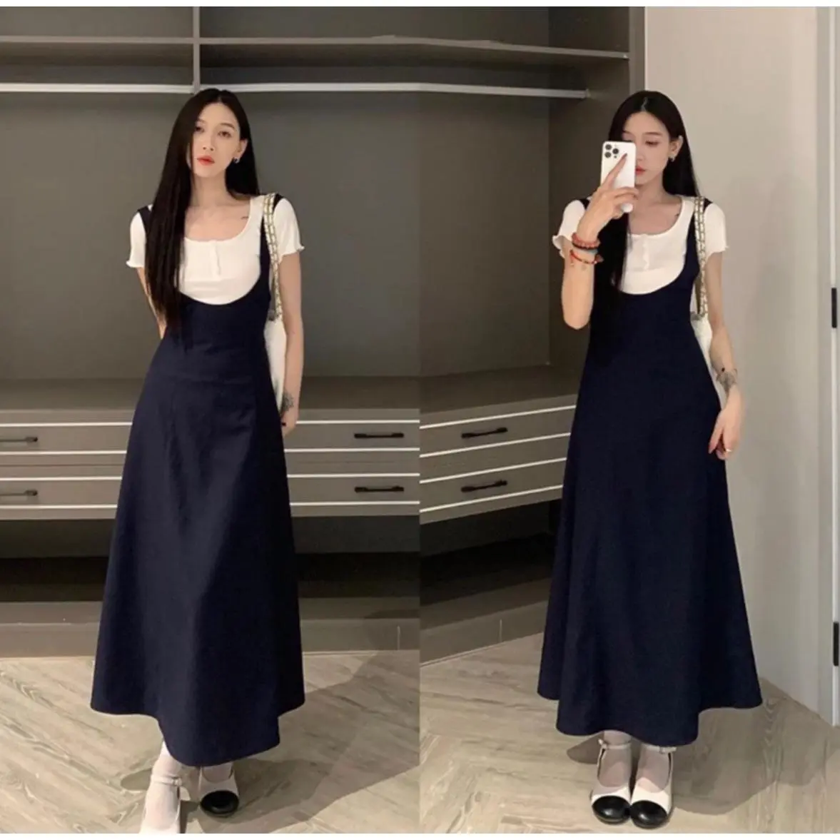 Set yếm váy dài chiết eo kèm áo thun gân tăm cài cúc cộc tay phong cách Hàn Quốc Nữ Women