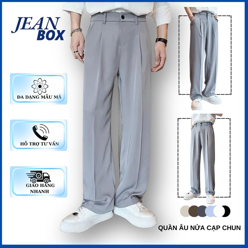  Quần âu nam nữ nửa cạp chun ống suông màu xám nhạt JEAN BOX phong cách Hàn Quốc Pants Menswear Có Túi 