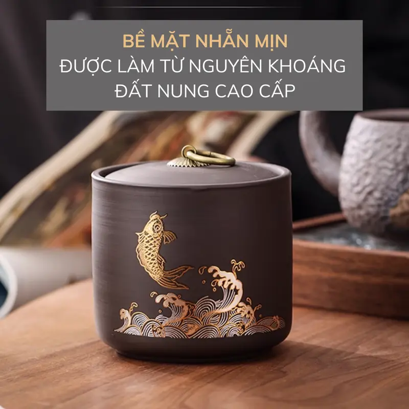 Hộp đựng trà gốm tử sa, hũ đựng trà họa tiết mạ ánh kim cỡ lớn, nắp khít cao cấp Đựng Gia Vị Bình 5
