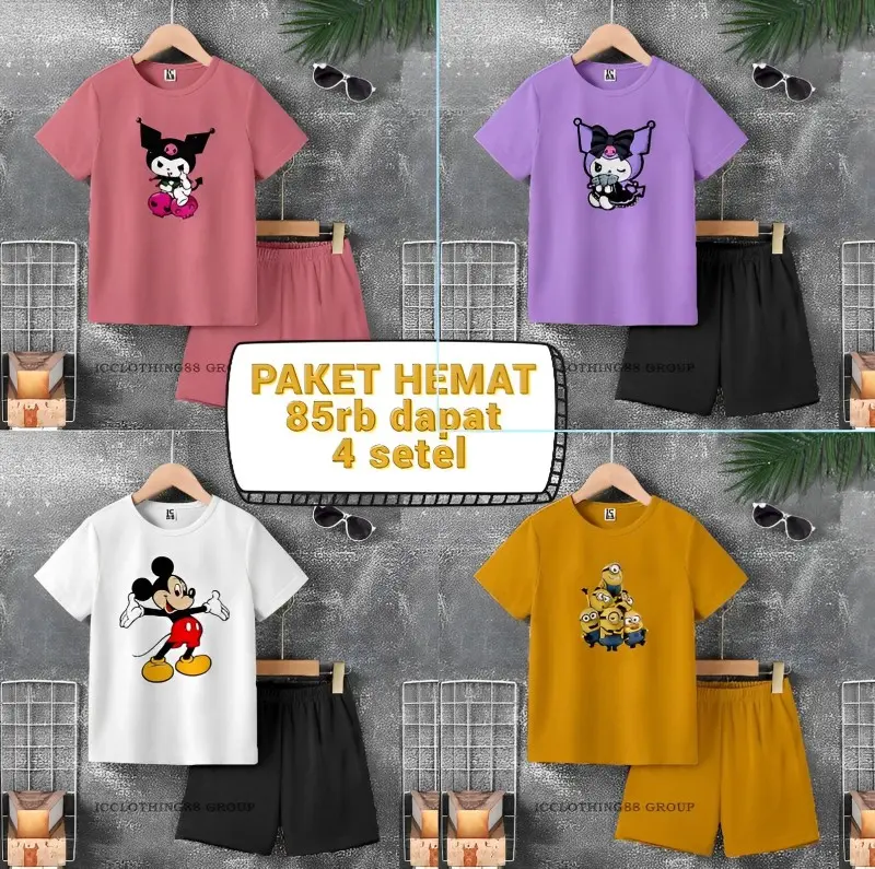 Paket Hemat Setelan Anak Karakter Unisex 85ribu Dapat 4 Set Bahan Katun Pe