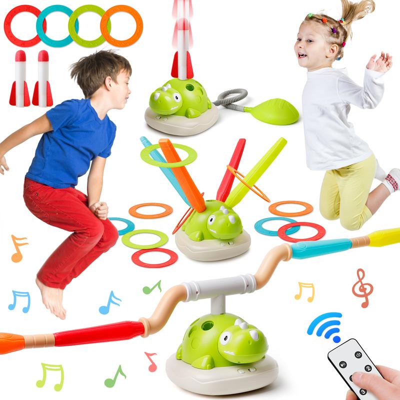 Kids Toys 3-in-1 Dinosaur Musical Toy - Jumping, Ring Toss & Rocket Launcher For Kids 3-8 3-in-1 Musical Jumping Ring Toss Rocket Launcher Toy