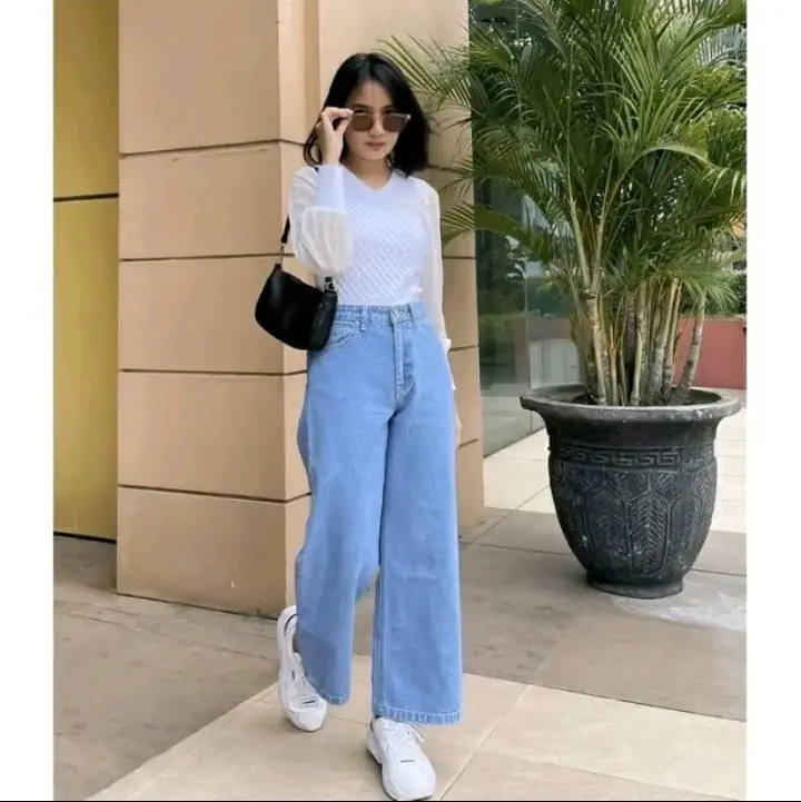 Celana Kulot Jeans Wanita Bawah Lipat Panjang
