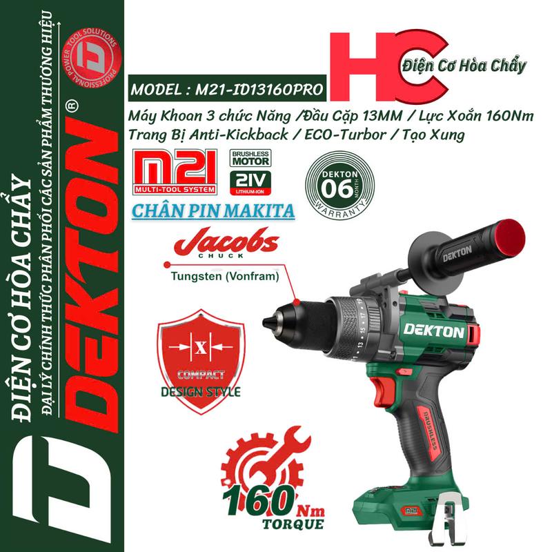 Máy Khoan 3 Chức Năng Dekton M21-ID13160PRO / Brushless / Lực Siết 160Nm / Anti-Kickback / Tạo Xung / Chân Pin Phổ Thông Makita