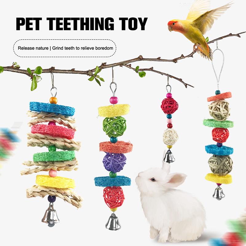 Product Introduction of Parrots Bird Chewing Toy Rabbit Hanging Bell Bite Rattan Ball Molar Toys Parakeet Birdcage Decoration Hamster Chew Toys צעצועים 15