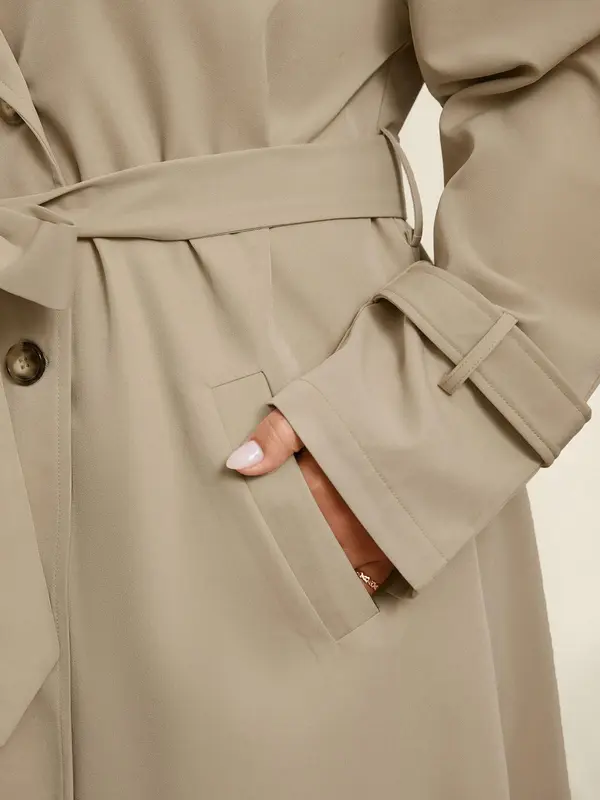 CURVZY Plus Size Solid Double Button Belted Trench Coat, Elegant Pocket Lapel Neck Long Sleeve Coat for Women, Women's Clothing for All Seasons 5