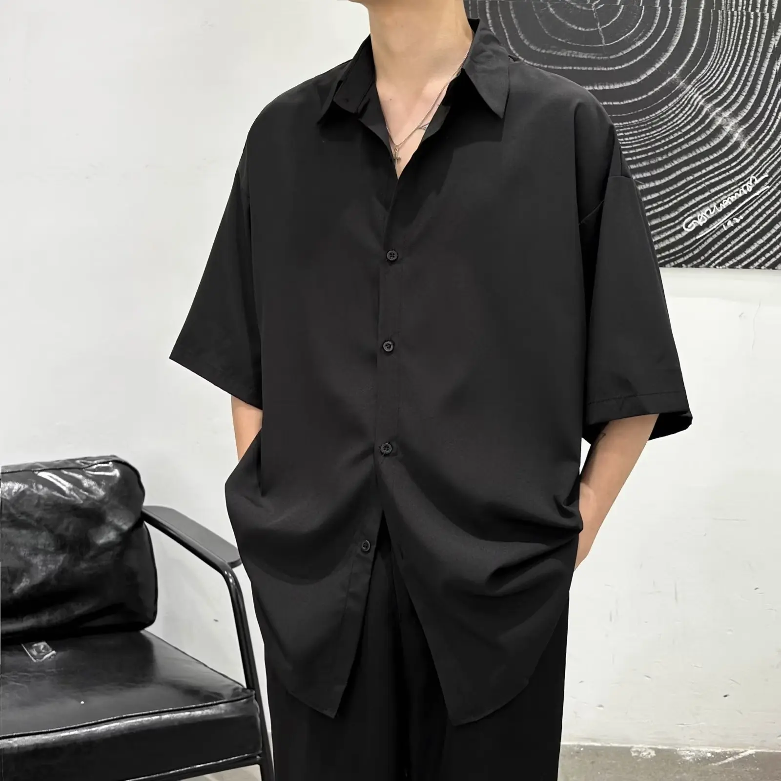 Áo sơ mi Đen Nam Nữ tay ngắn thời trang form rộng phong cách Unisex Menswear Shirt