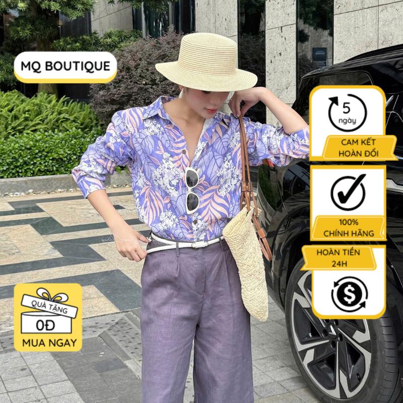Sơ Mi Tơ Linen Hoa Tím Hồng Thiết Kế MQ Boutique Chất Mềm Mát Nhẹ Họa Tiết Tay Dài Công Sở