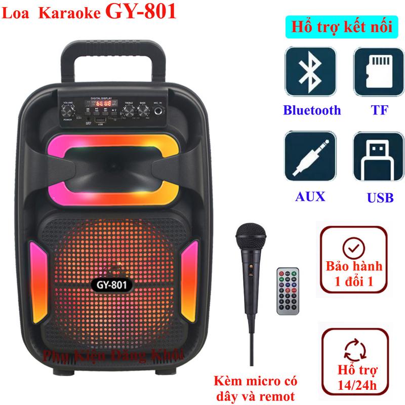Loa karaoke GY-801 loa xách tay âm thanh lớn có thể tùy chỉnh bass treble loa kéo tặng kèm 1 micro có dây