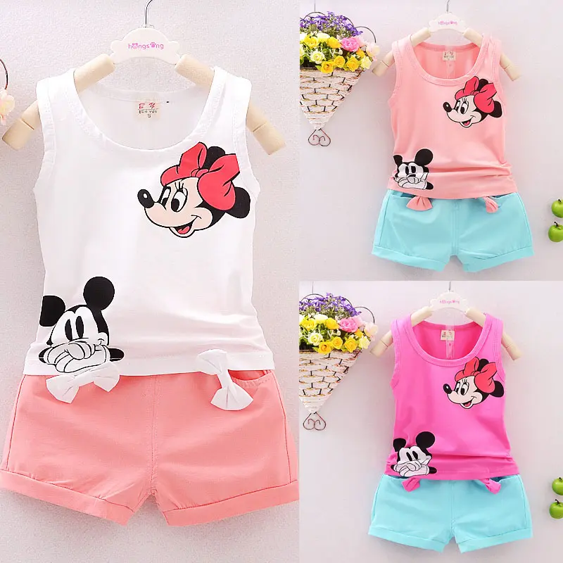 2 Pcs Baby Girl Summer Clothing Set, Sleeveless Cartoon Mickey Print Vest + Bow Pocket Shorts   Age: 1-5 Years