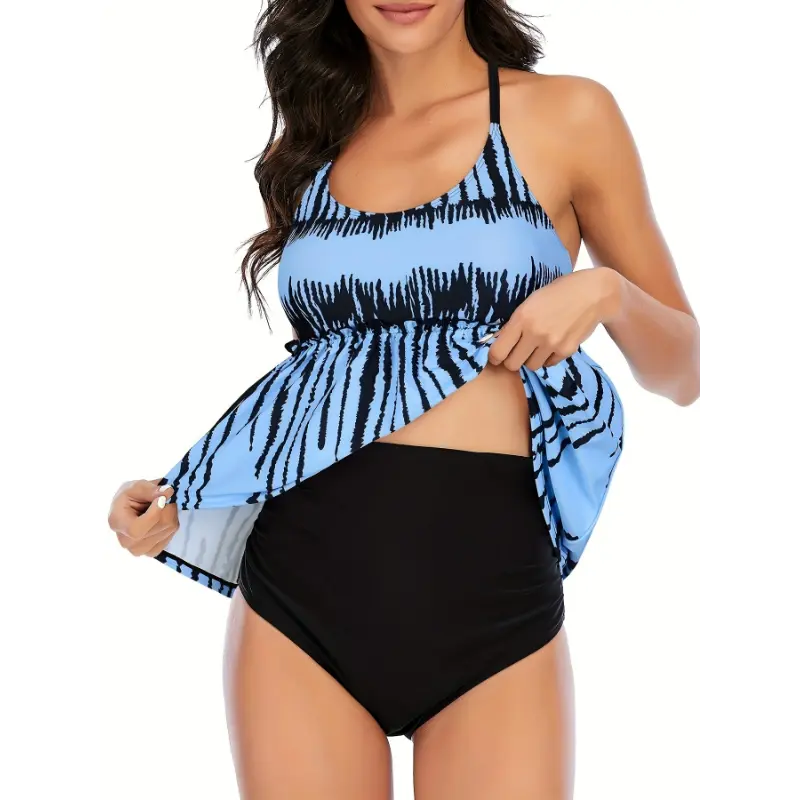 Set Maillot De Bain Tankini Femme - Noir Et Blanc Rayé - Taille L