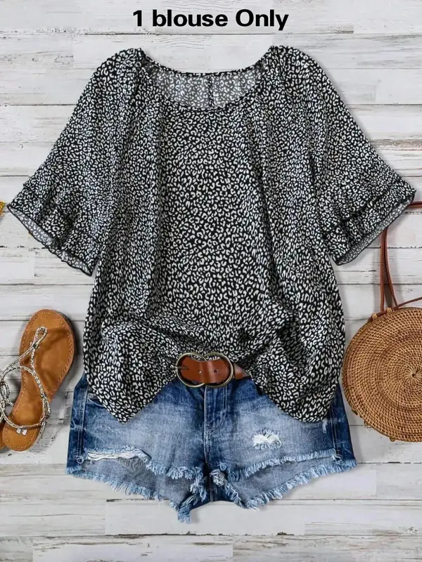 Plus Size All Over Print Curved Hem Cover Up Top, Casual Batwing Sleeve Top for Summer, Women's Plus Clothing for Daily Wear 4