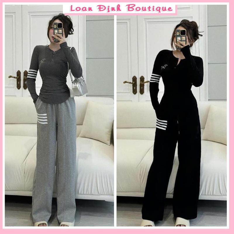 Set Bộ Quần Dài Áo Thêu Chó Sọc Tay Vạt Bầu Quần Ống Suông Đồ Bộ Nữ Thu Đông Top Women Loan Định Boutique LD094 Ong Loang Legging