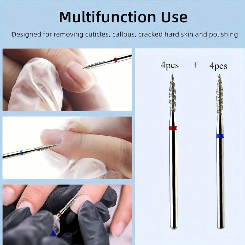 Product Introduction of 8pcs Diamond Nail Drill Bit Set, Flame Bit Design, Professional Manicure Pedicure Tool For Cleaning, Smoothing, And Fine Detail Work - 3/32" Shank, Standard And Fine Grit, Disinfectable Cutics 5