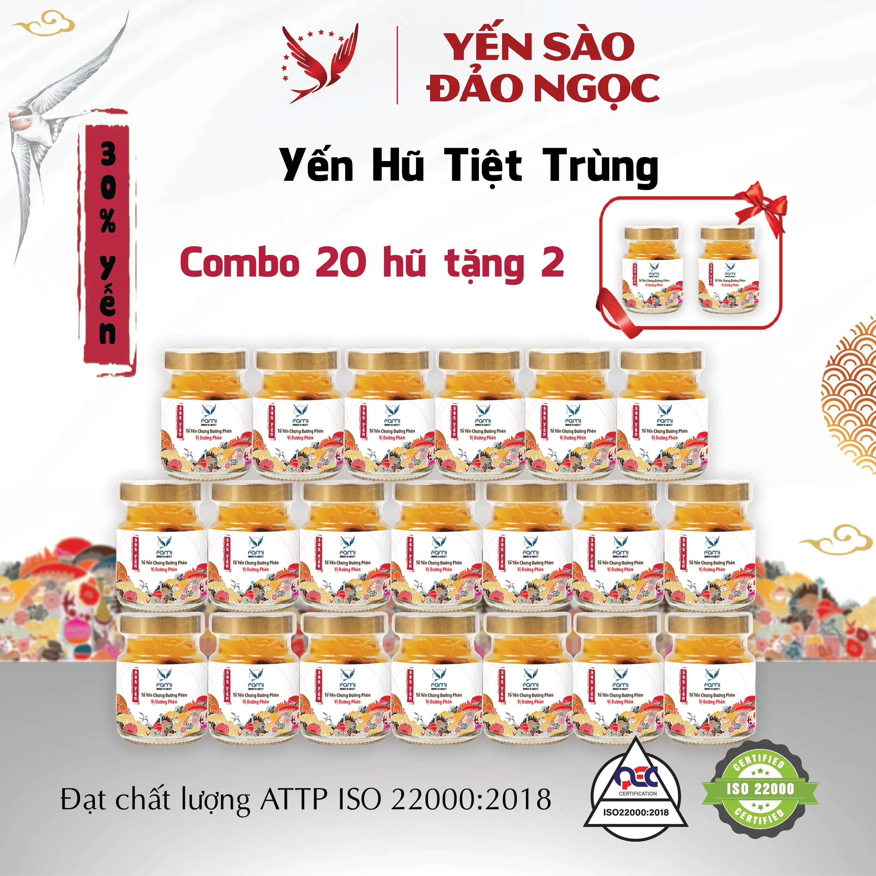 COMBO 24 HŨ YẾN CHƯNG SẴN 30% (Mua 20 tặng 2 tặng thêm 2) - FAMI NEST - 6 Vị lựa chọn  - Yến tiệt trùng giữ nguyên sợi yến - Sản phẩm từ Yến Sào Đảo Ngọc