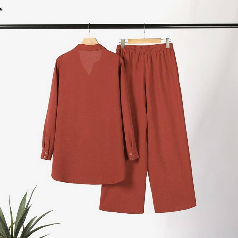 Product Introduction of 2025 New Fashion Versatile Elegant Trendy New Middle Eastern Muslim Solid Color Long Sleeve Button Pocket Shirt and Pants Two-Piece Set 4