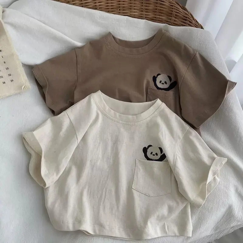 Áo Thun ngắn Tay Cho Em Bé Phong Cách Hàn Quốc, Chất Liệu Cotton Nguyên Chất, Thêu Hoạt Hình, Cho Trẻ Em Mùa Hè, Nhẹ Và Nghệ Thuật, Thích Hợp Cho Bé Trai Và Bé Gái, Áo Mặc Bên Trong