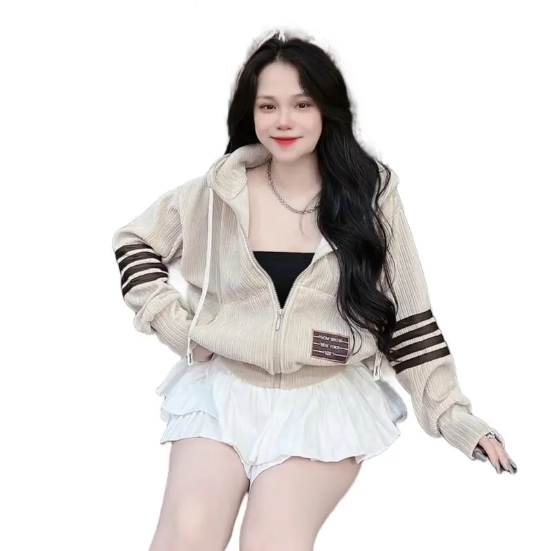 Áo khoác Nữ Phối Tay Sọc Có Mũ Chất Nhung Gân Bigsize 45-85kg 4