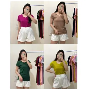 Kaos Vneck Wanita Import V-Neck Baju Melar Spandex Stretch Polos Pendek