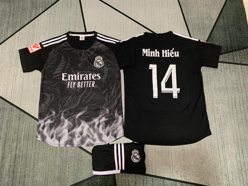 Real Đen Khói  2024-2025- Có in Tên + Số theo yêu cầu - Quần áo thể thao, logo thêu, vải mè kim Top Sport Nam