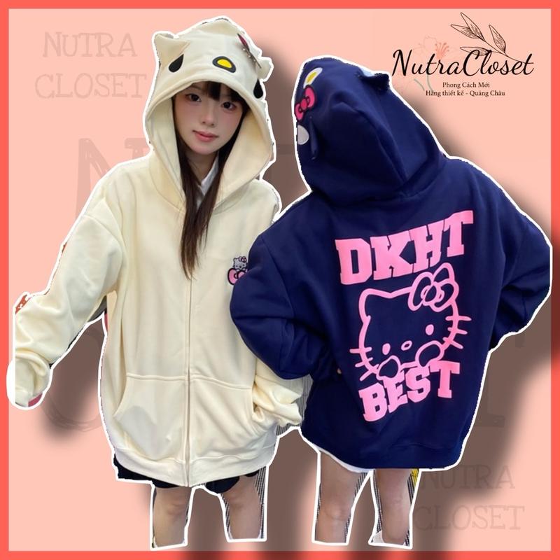 Áo khoác nỉ dây kéo có nón thêu tai mèo kitty an121 unisex nam nữ