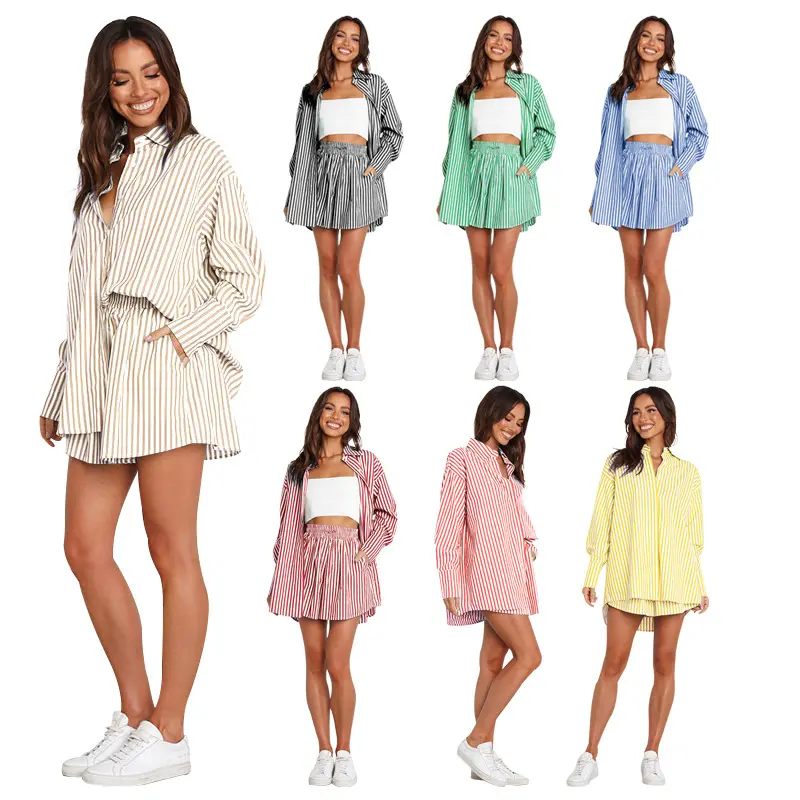 Two-Piece Set Women's Striped Print Two Piece Set, Summer Outfits 2024, Casual Drop Shoulder Shirt & Drawstring Wide Leg Shorts Summer Lounge Sets, Co-ords for Women, Ladies Summer Matching Sets Going Out Clothes, Co-ord Set Outfits, Women's Clothing
