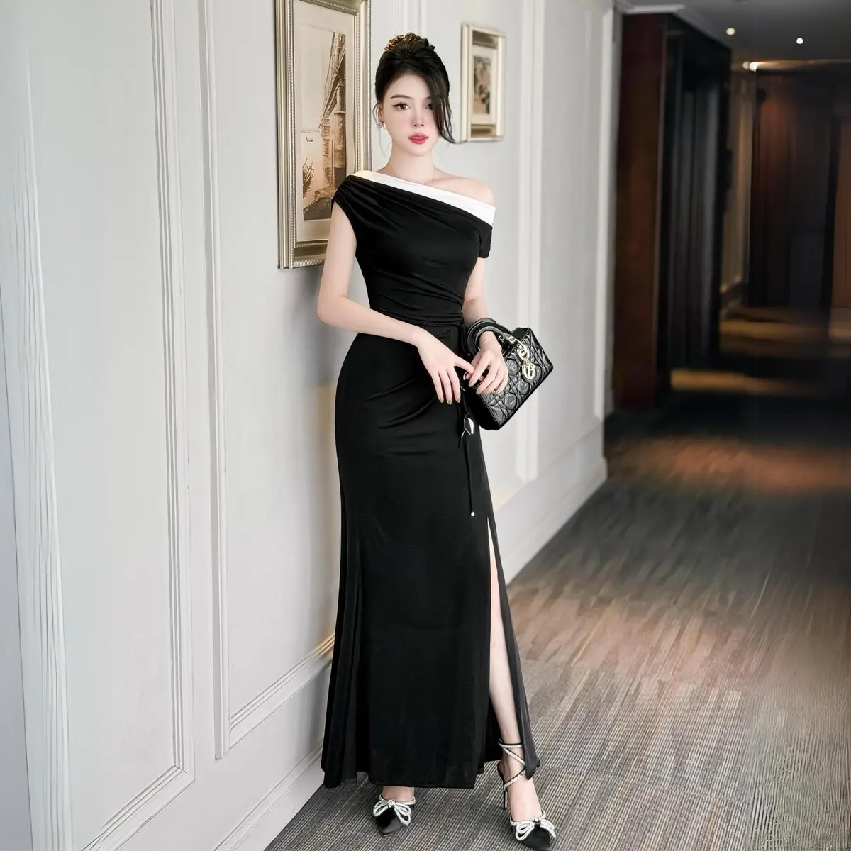 Đầm AYAME DRESS dự tiệc ôm body lệch vai thun ánh kim 2 lớp - Nữ Women Kem Voi Sen Nhung