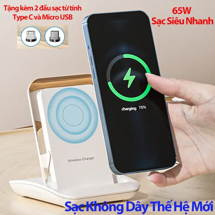 Sạc Nhanh Không Dây 65W A9299 Thế Hệ Mới Thích Hợp Cho Tất Cả Các Dòng Điện Thoại Tặng Kèm 2 Đầu Sạc Từ Tính 1
