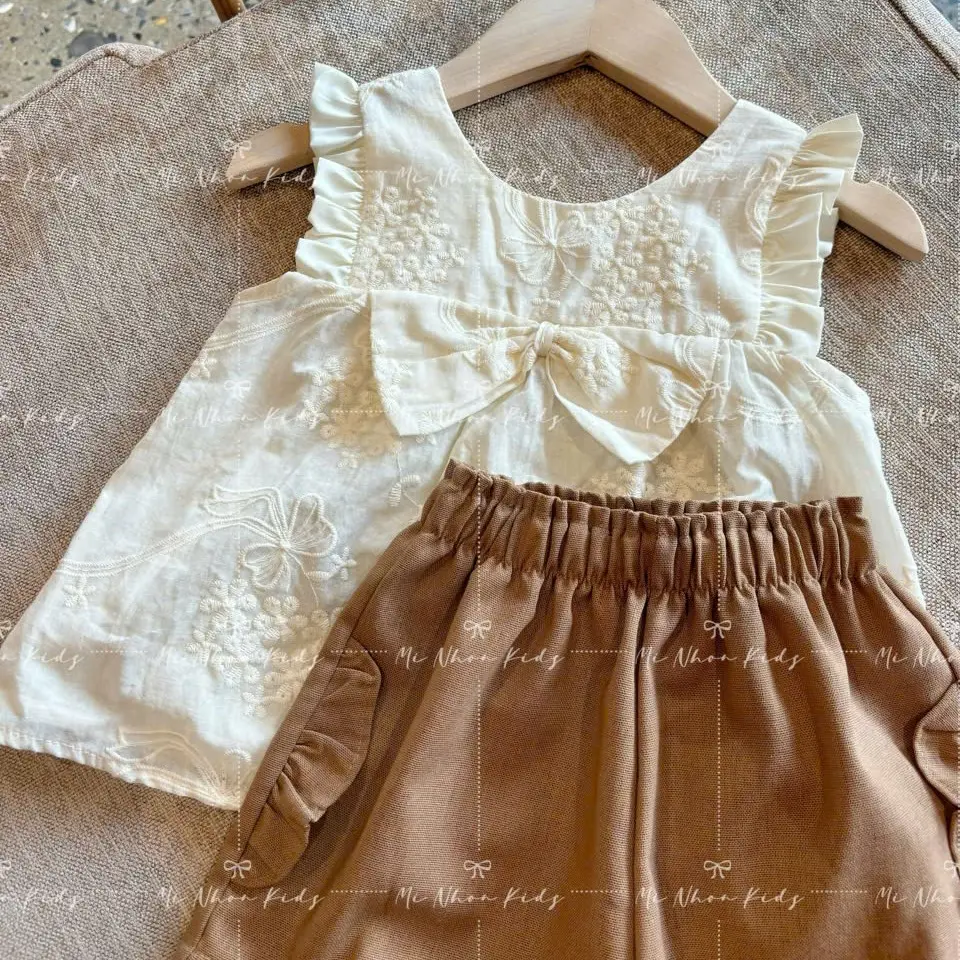 BD02 - Bộ đồ 2 dây màu nâu be chất vải thô boi thêu mềm mịn cho bé gái Mi Nhon Kids