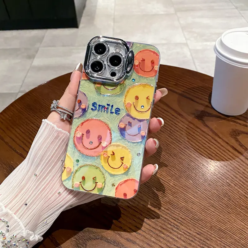 Mẫu mới cho iPhone 15Pro Max 14Plus 13Pro 12Pro Max iPhone11, ốp điện thoại Xanh Biển di động, sơn nhẹ, mặt cười đầy màu sắc dễ thương, khung lỗ mịn, vỏ bảo vệ chống va đập, vỏ IMD chống trượt 1
