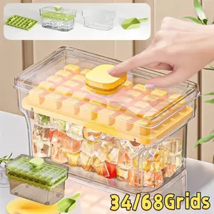 34/68Grids Cetakan Es Batu Tekan Otomatis  / Penutup Kotak Ice Cube Tray / Cetakan Jelly Puding Bahan Plastik