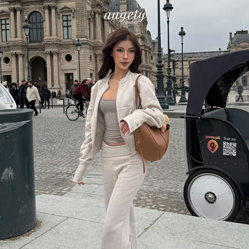  Áo Khoác Nỉ Bông Dáng Bomber Ôm eo Tay Bo Gân Có Nút Cài Augety Studio Nora Sweat Jacket 
