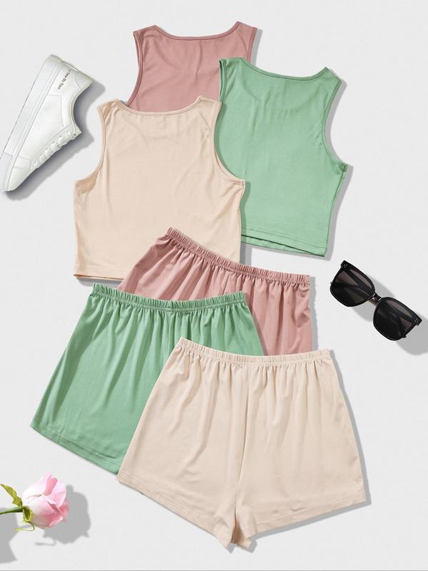 Women's Solid Round Neck Loungewear Set, Casual Tank Top & Elastic Waist Shorts Set, Women's Sleepwear for All Seasons, Summer Outfits 2024, Homewear 1