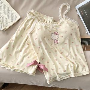 Set Pakaian Ruang Tidur Seluar Pendek Wanita, Tanpa Lengan, Seperti Kapas Musim Panas, Berpad, Cetakan Kartun Comel, Bra Terbina dalam, Fabrik Bernafas, Pakaian Rumah Selesa, Sesuai untuk Bersantai dan Hari Musim Panas Kasual