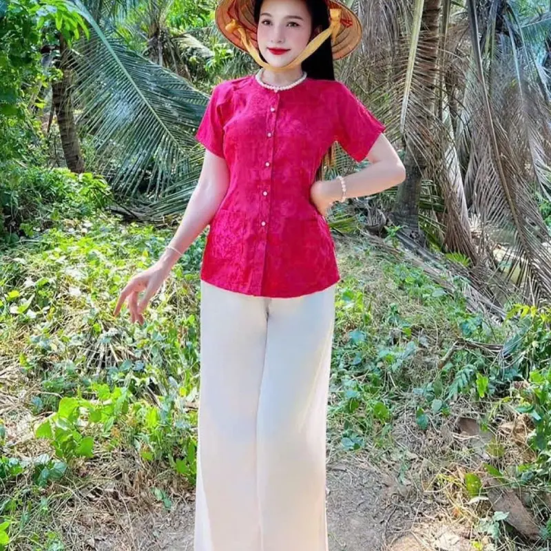 Bộ Quần Áo Bà Ba Gấm Tay Ngắn Cổ Tròn Có Túi Áo Women Top Thun áobà 5