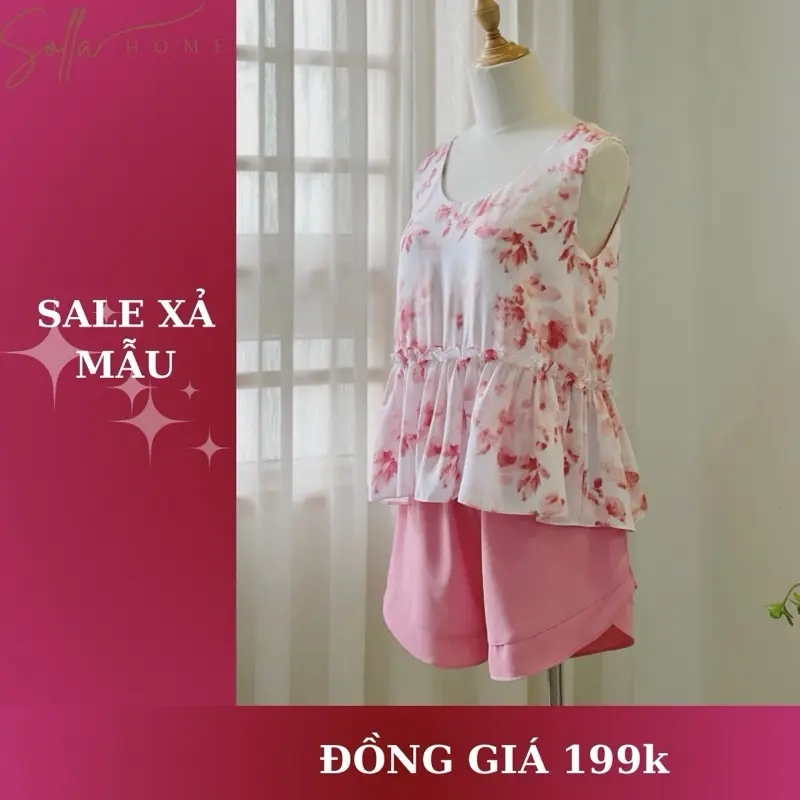 SOLLA HOME - Bộ Mặc Nhà Nữ Women Áo Peplum Hoạ Tiết Hoa Quần Đùi Phối Lụa Trơn