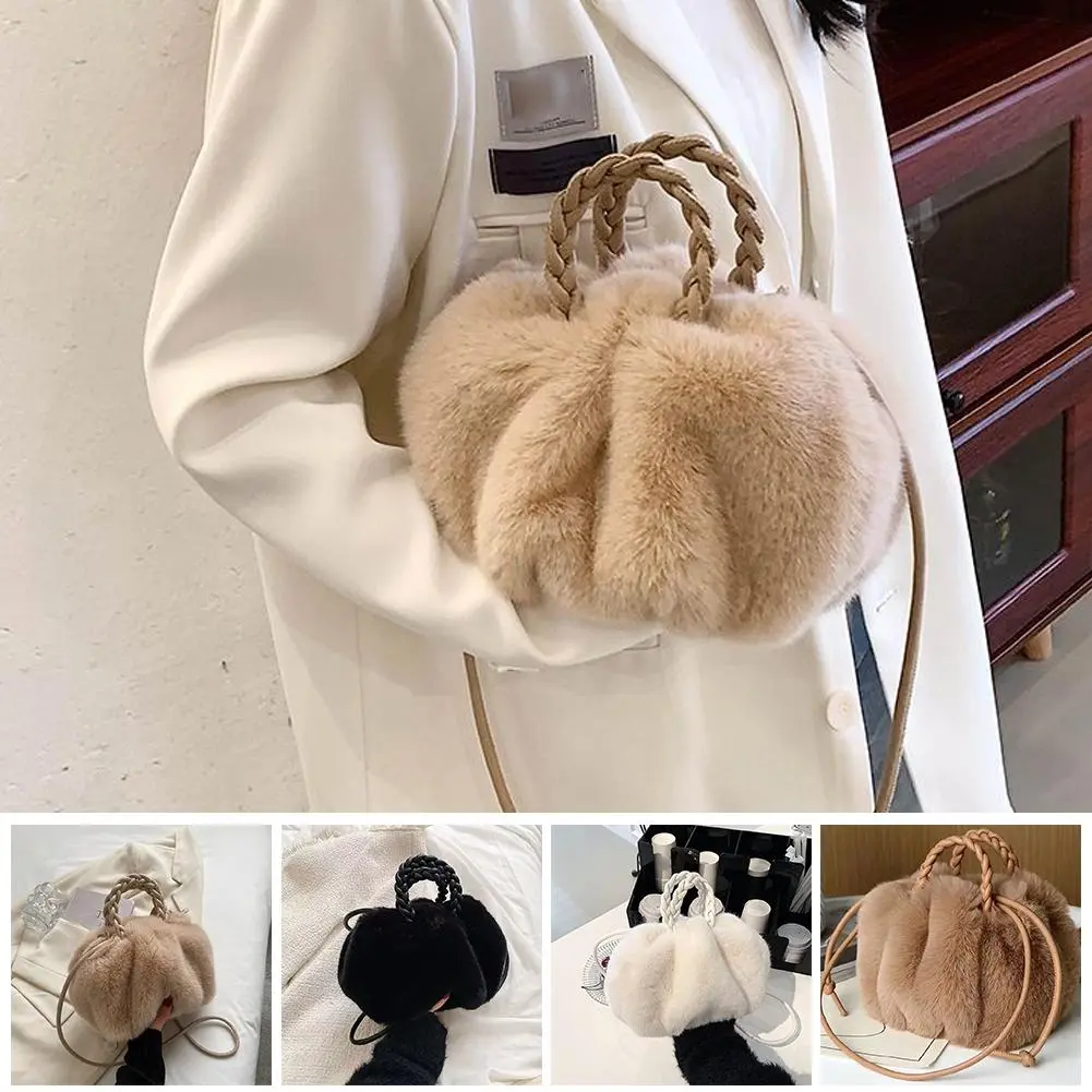 Túi Đeo Chéo Nhồi Bông Phong Cách Hàn Quốc, Nhồi Bông Mềm Mại, Cỡ Nhỏ Thiết Kế Độc Đáo Bằng Lông Thỏ, Màu Trơn Giả, N9F1