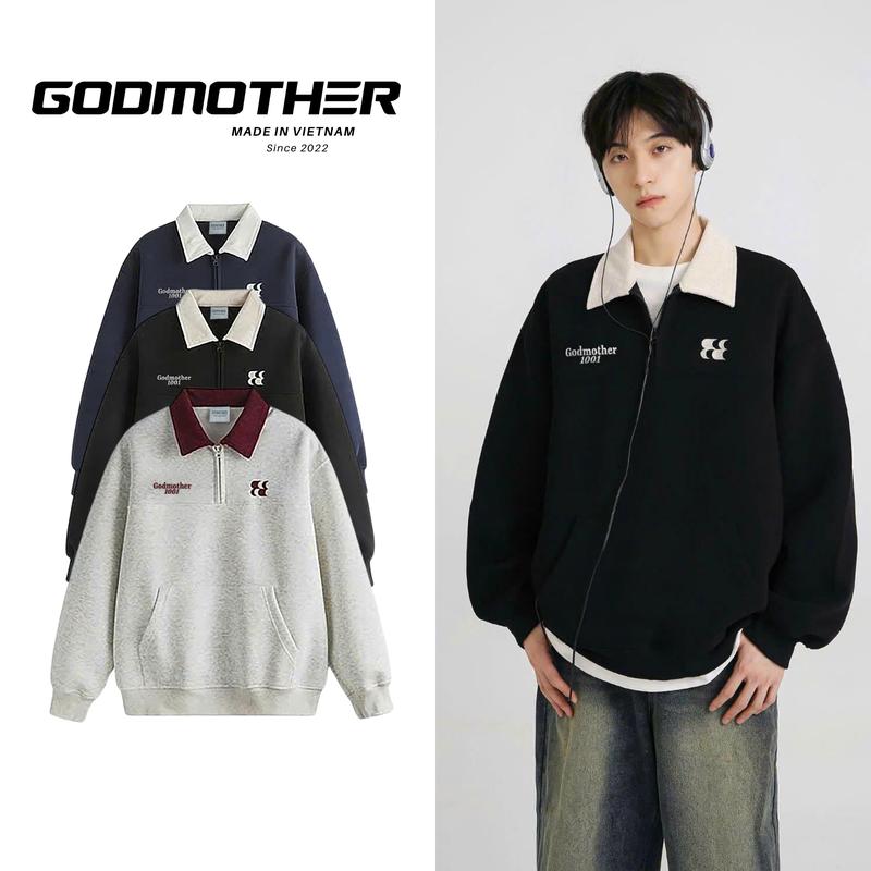 Áo Sweater Cổ Bẻ Nỉ Bông GODMOTHER Áo Sweater Dày Dặn Có Khoá Zip Cổ Phong Cách Unisex Nam Nữ Menswear