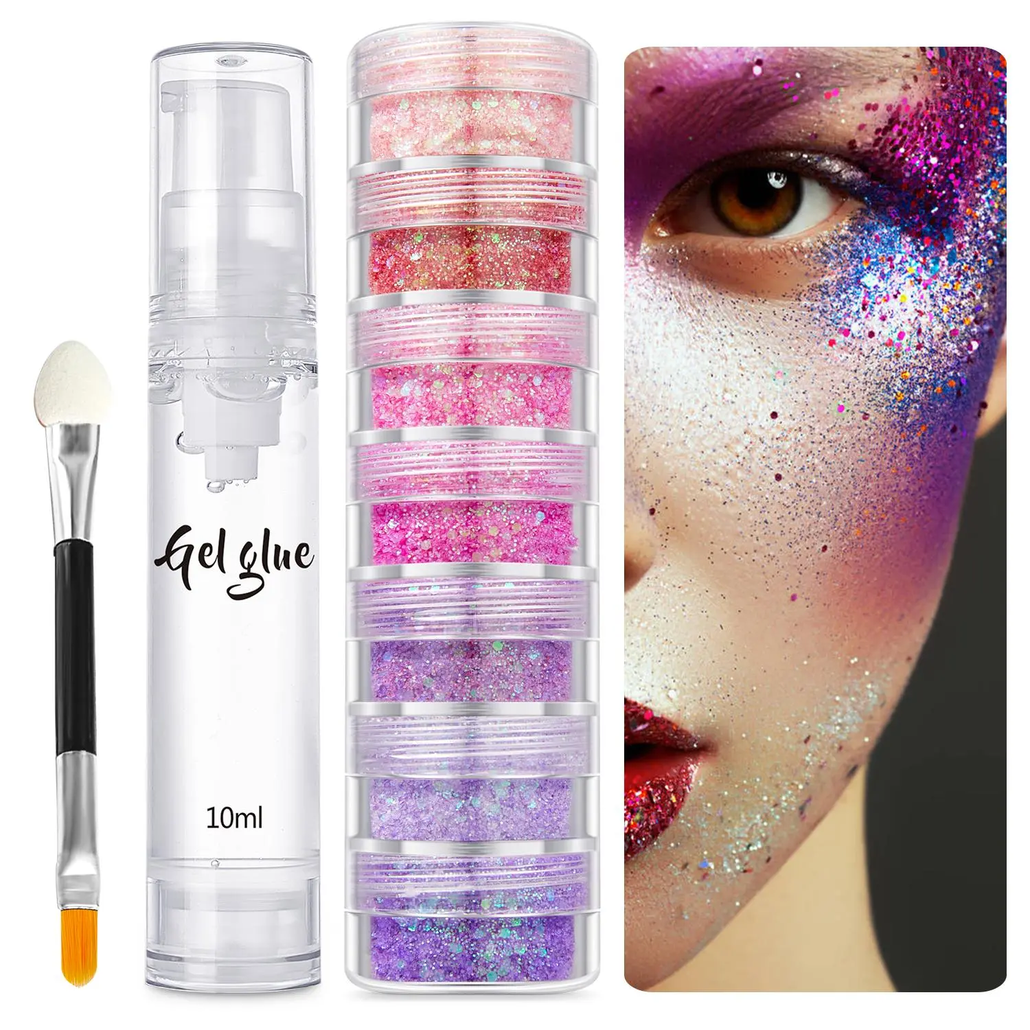 Glitter Gel Set, 1 Set 7-color Glitter Powder  & Gel & Brush, Long Lasting Shimmering Body Makeup, Quick Drying Cosmetic for Festival Party