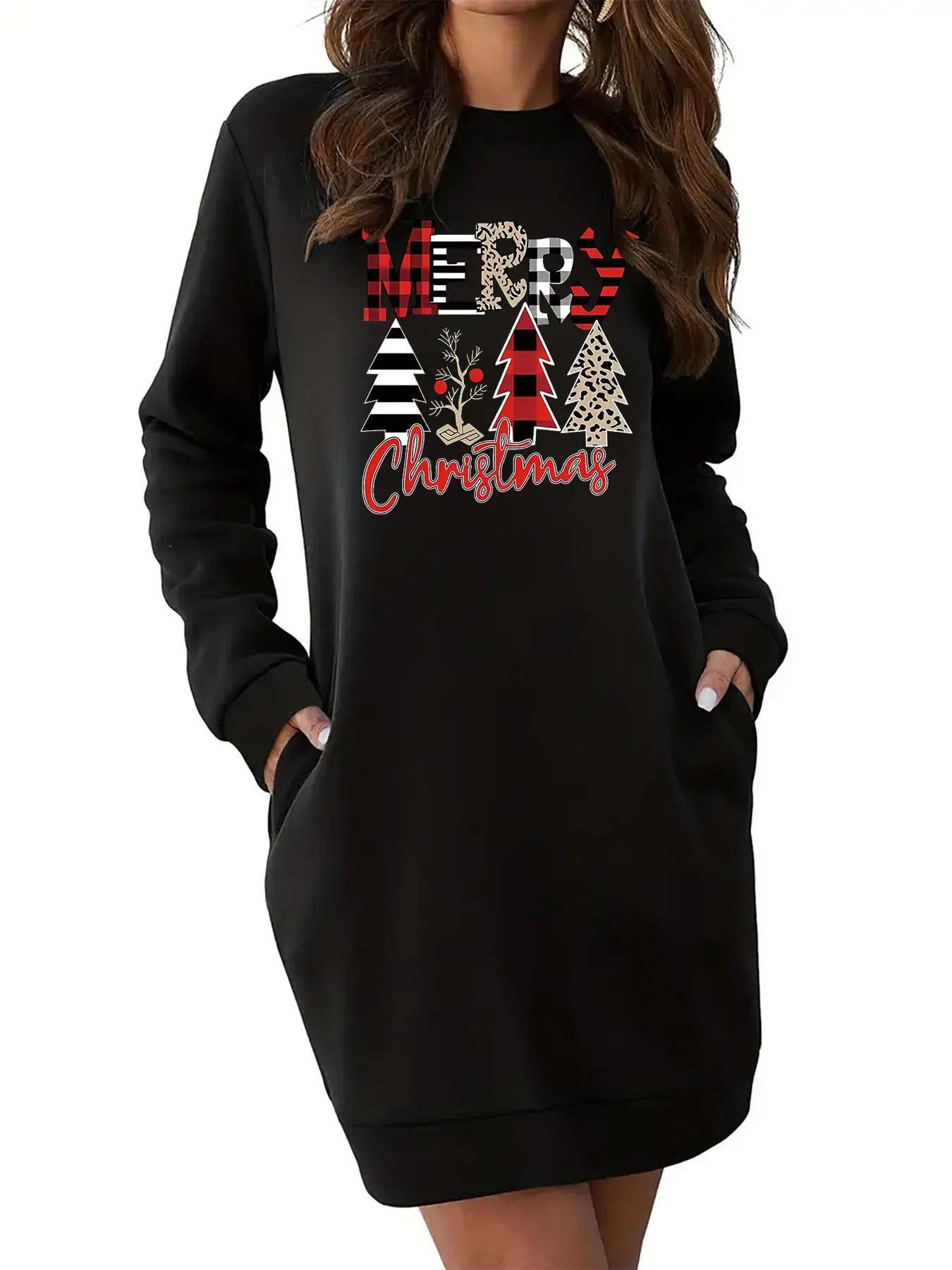Women's Christmas Tree & Letter Print Pocket Sweatshirt Dress, Casual Long Sleeve Round Neck Party Dress for Fall & Winter, Women's Clothes for Daily Wear