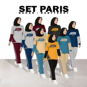 SET PARIS Setelan Training Olahraga Wanita Muslimah Bahan Babyterry Lengan Panjang Sablon Size XL XXL XXXL / 35670 Baju Kaos Celana Adem Nyaman