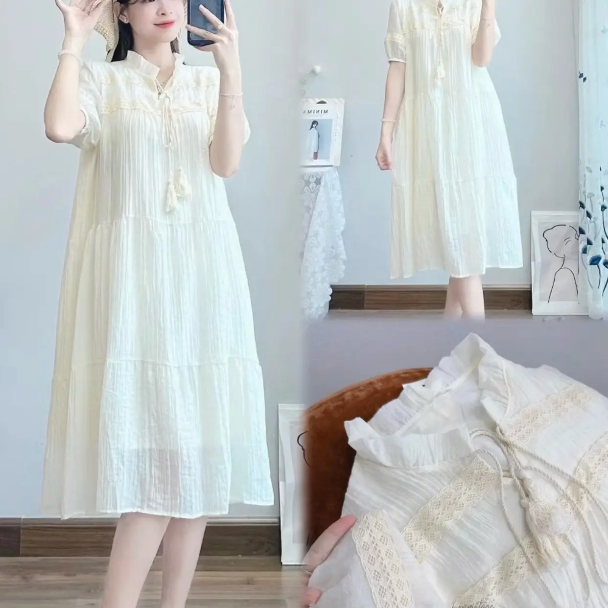 Váy Babydoll Cổ Bèo Cột Nơ Tay Phối Ren