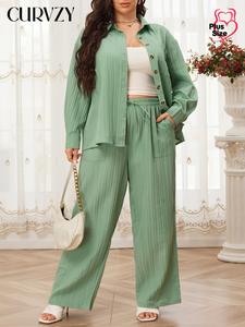 CURVZY Plus Size Autumn Aesthetic Textured Button Front Blouse & Tie Front Pants Two-Piece Set, Drop Shoulder Long Sleeve Tops & Pocket Trousers, Casual Elegant Two Piece Outfits for Women