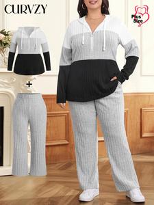CURVZY Plus Size Two-Piece Set Colorblock Zipper Drawstring Hoodie & Pocket Pants, Casual Fashion Cozy Breathable Outfits for Daily Outdoor Wear, Women Clothing for Spring & Fall